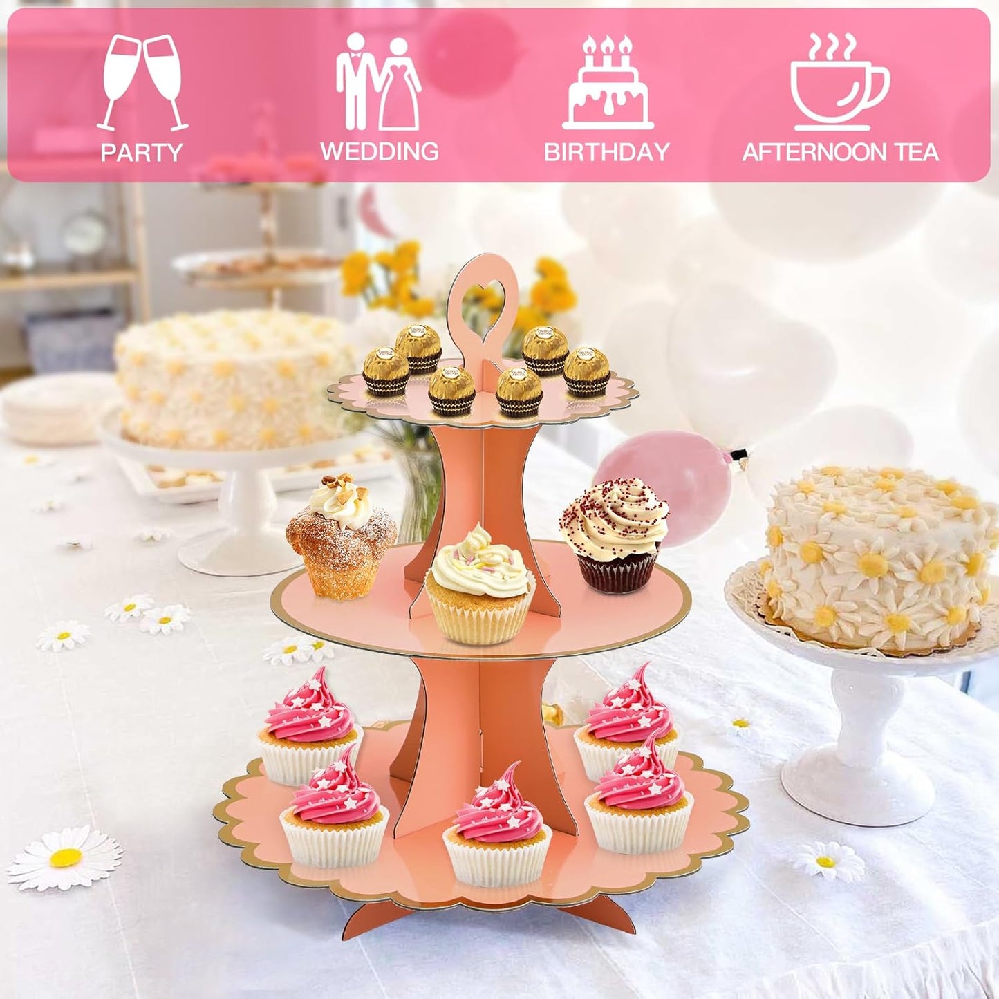 Soleebee 3-Tier Cupcake Stand, Cardboard Cupcake Tower, Cup Cake Stand Tower for Birthday Wedding Party Decoration, Cupcake Tier Stand Desserts Display 1 Set (Purple Gold)