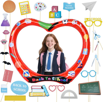 Back to School Photo Booth Frame Inflatable Apple Balloon Frame with 25pcs Photo Props, 40Inch Large First Day of School Selfie Photo Booth Backdrop Welcome Back to School Decorations Party Supplies
