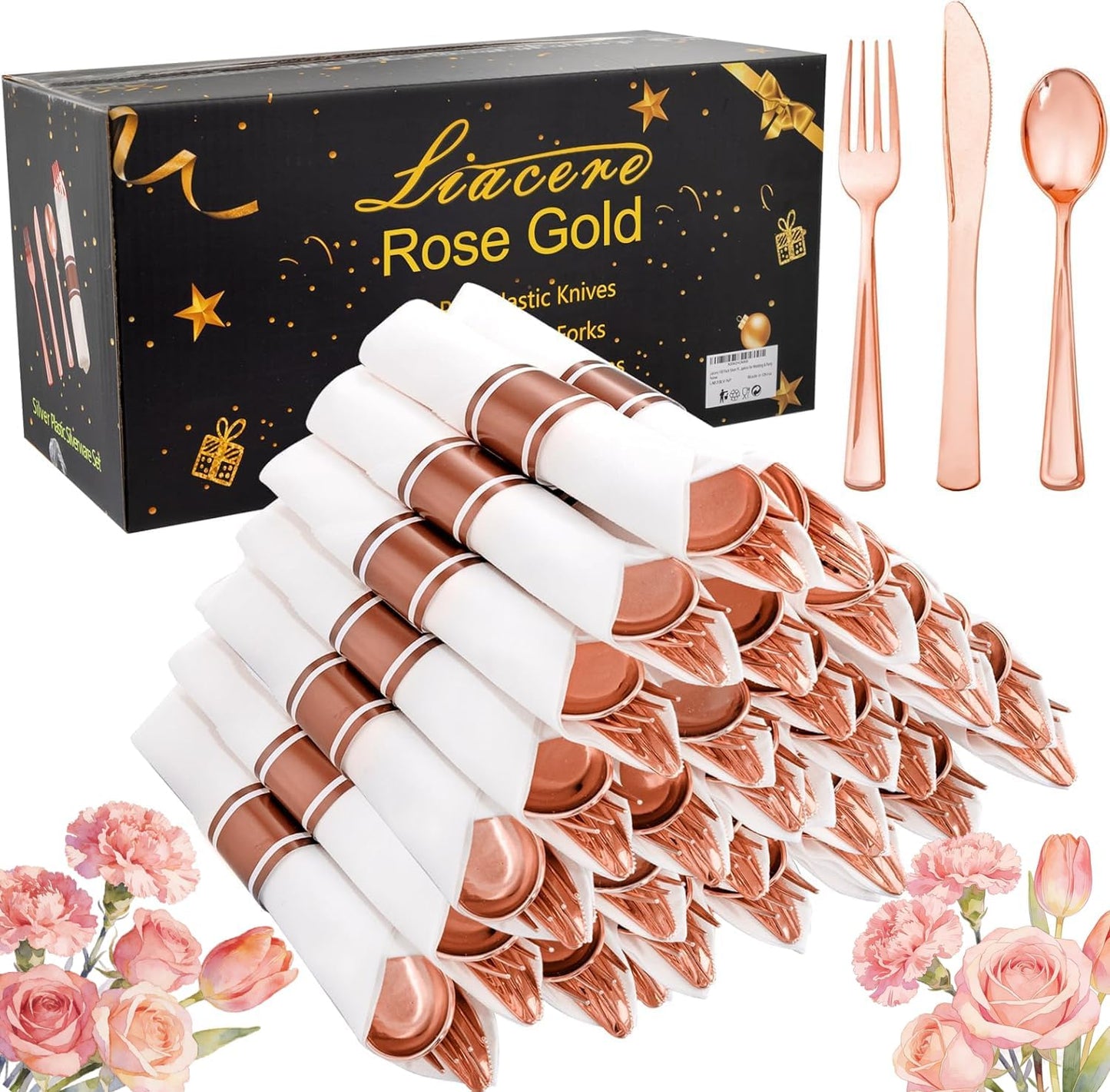 Liacere 100 Pack Silver Plastic Silverware-Pre Wrapped cutlery and Napkin-Pre Rolled Silverware Disposable 100 Forks, 100 Knives 100 Spoons, 100 Napkins Plastic Utensils＆Wedding