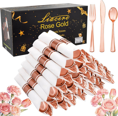 Liacere 100 Pack Silver Plastic Silverware-Pre Wrapped cutlery and Napkin-Pre Rolled Silverware Disposable 100 Forks, 100 Knives 100 Spoons, 100 Napkins Plastic Utensils＆Wedding