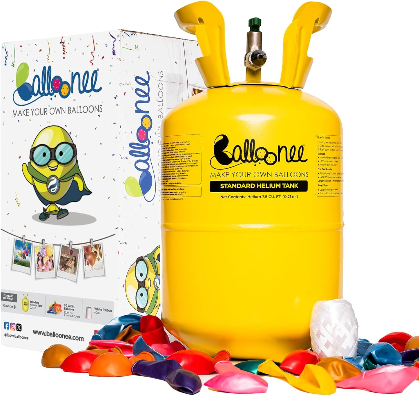 Balloonee Standard Disposable Helium Party Kit, Helium Tank for Balloons At Home, 7.5 Cu Ft Helium Balloon Pump Kit with 30 Assorted Latex Balloons, Helium Tank
