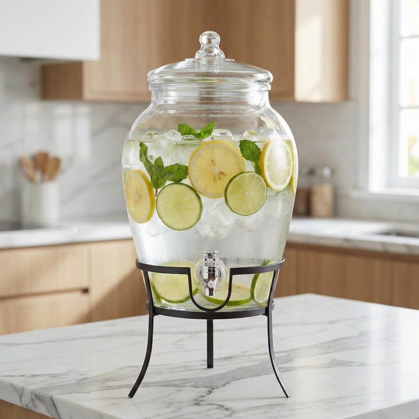 Style Setter Beverage Dispenser Cold Drink Dispenser w/ 3-Gallon Capacity Glass Jug, Metal Stand & Leak-Proof Acrylic Spigot Great for Parties, Weddings & More