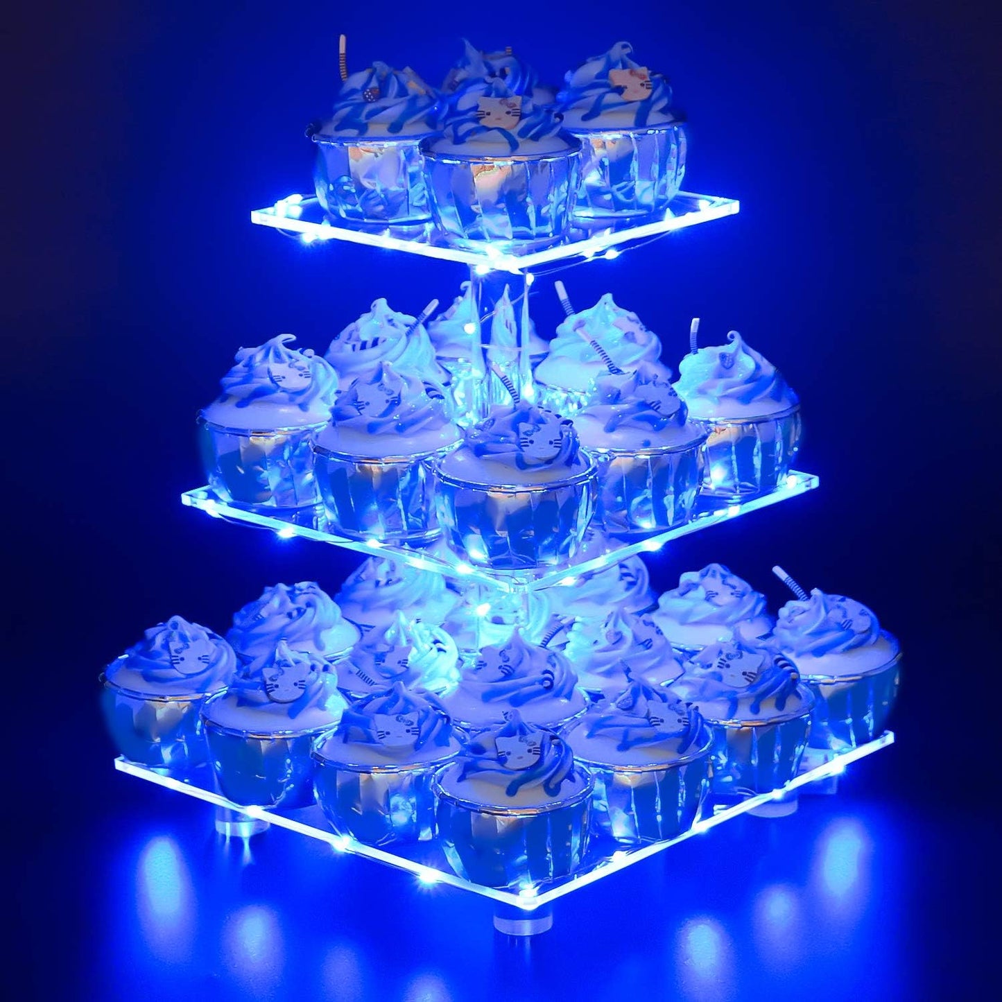 YestBuy Cupcake Stand with Yellow Led Lights, 4 Tier Cupcake Stand for 50 Cupcakes, Acrylic Cupcake Tower Stand, Clear Tiered Cupcake Holder for Birthday Cady Bar Décor Weddings, Parties Events