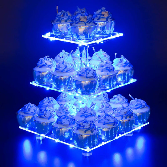 YestBuy Cupcake Stand with Yellow Led Lights, 4 Tier Cupcake Stand for 50 Cupcakes, Acrylic Cupcake Tower Stand, Clear Tiered Cupcake Holder for Birthday Cady Bar Décor Weddings, Parties Events