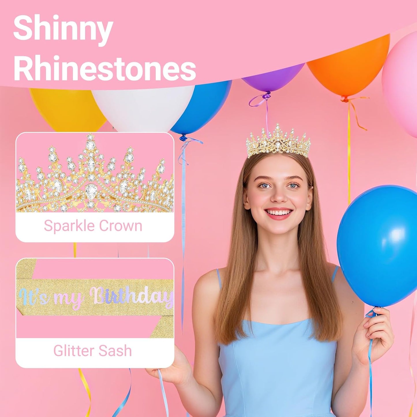 Birthday Tiara and Crown with Sash, Birthday Tiara for Women Party Silver