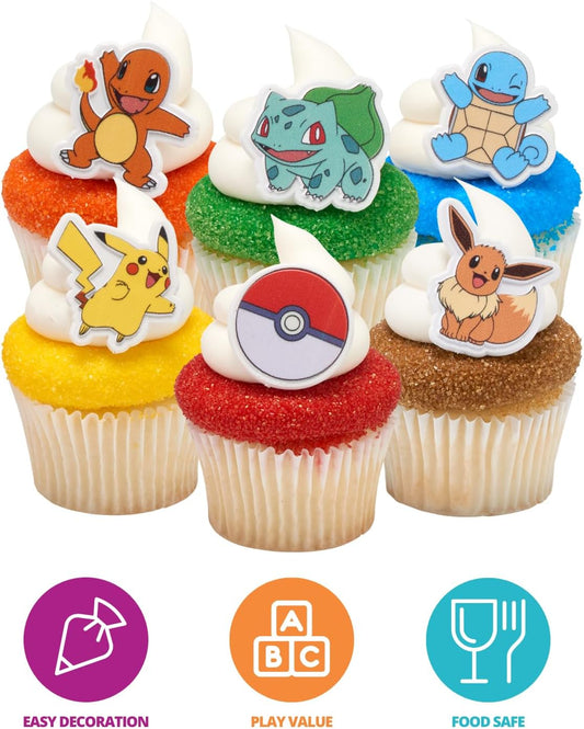 DecoPac Pokémon Rings, Cupcake Decorations With Pikachu, Bulbasaur, Eevee, Charmander, Squirtle, and Poké Ball, Multicolored Food Safe Cake Toppers – 24 Pack
