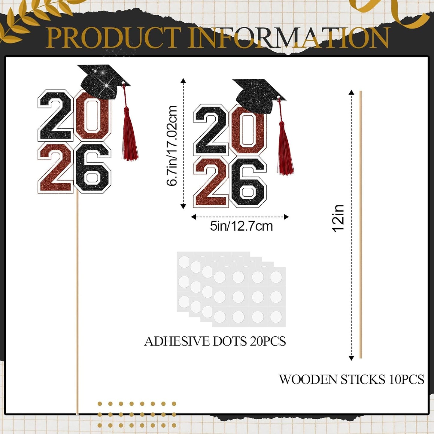 10 Pcs Graduation Table Centerpieces Sticks with Tassels, class of 2026 Grad Cap Picks Table Decoration Cupcake Toppers for Party Centerpiece Decoration Supplies(Blue and Gold)
