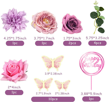 20 PCS Flower Cake Toppers Butterfly Cake Decorations Happy Birthday Cake Toppers with Pink Purple Flowers Eucalyptus Butterflies for Birthday Party Wedding Baby Shower Supplies (Pink Purple)