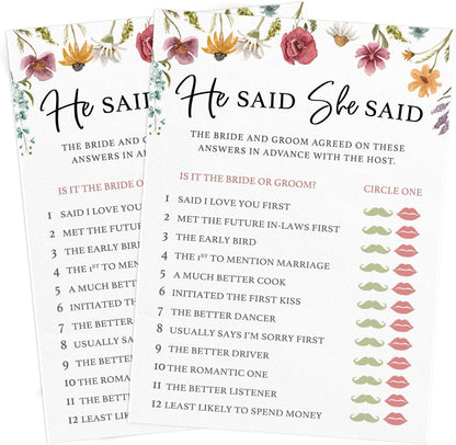 Printed Party Bridal Shower Game Set – 4 Fun Games and Activities for 30 Guests, Includes Bingo, He Said She Said, Bride & Groom Trivia, and Wedding Phrase Guessing Game, Love In Bloom Wildflower Design