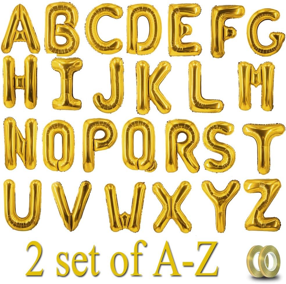 52 Pcs Gold Letter Balloons Foil Alphabet A to Z Balloons Personalized Phrase Banner for Birthday Shower Wedding Party Supplies Custom Balloon Decor 16 Inch
