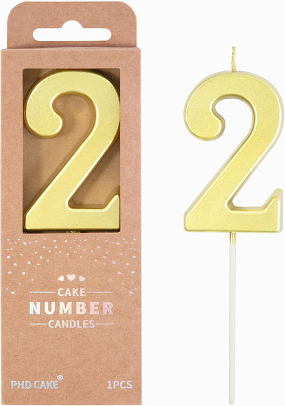 PHD CAKE 2.76 Inch Modern Gold 2 Number Birthday Candles, Gold Number Candles, Cake Number Candles, Party Celebration