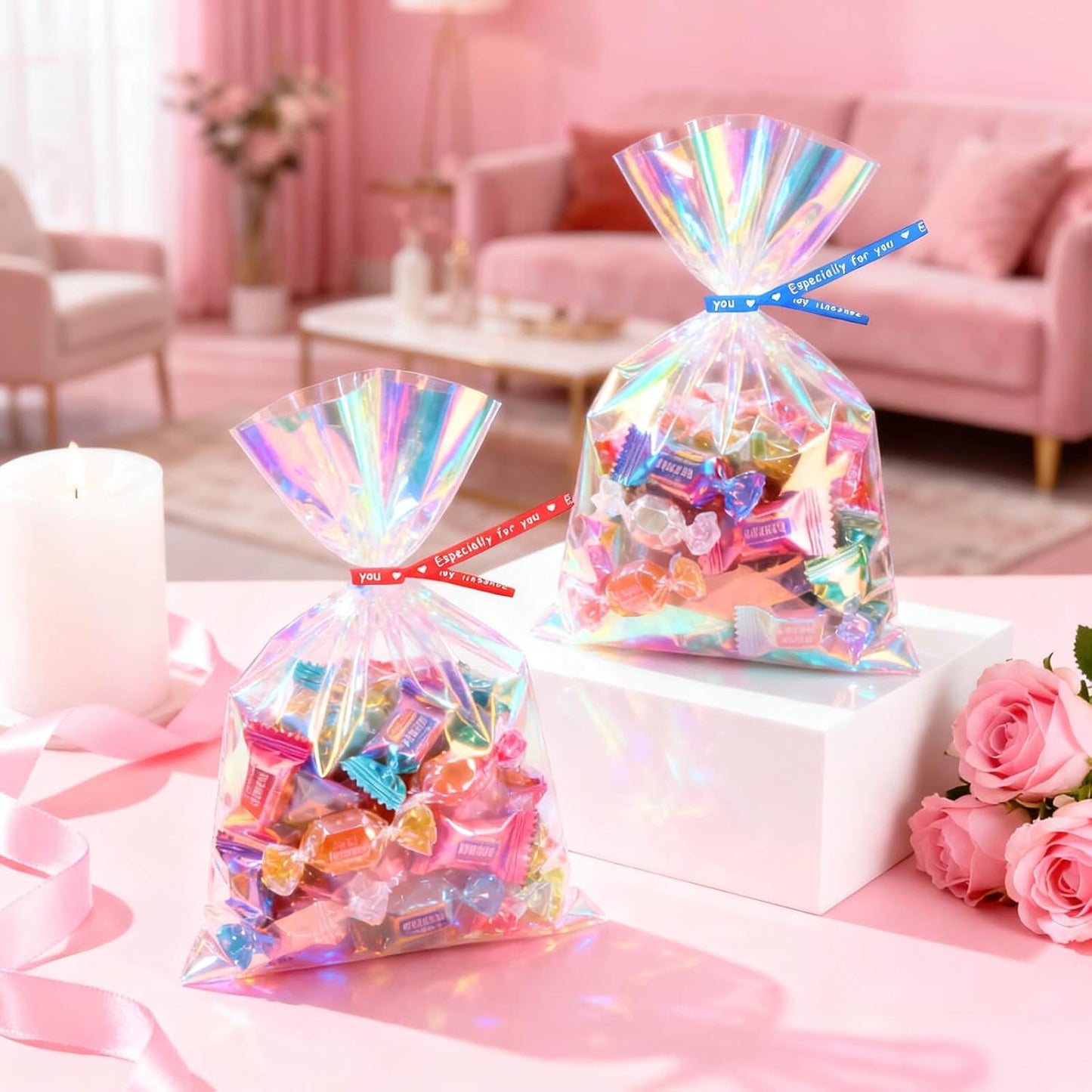 5x7 Inch Iridescent Cellophane Treat Bags with Twist Ties, Treat Bags for Candy Cookie Goodie Chocolates, And Popcorn