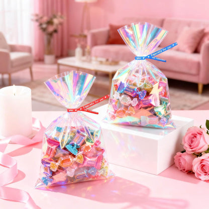 5x7 Inch Iridescent Cellophane Treat Bags with Twist Ties, Treat Bags for Candy Cookie Goodie Chocolates, And Popcorn