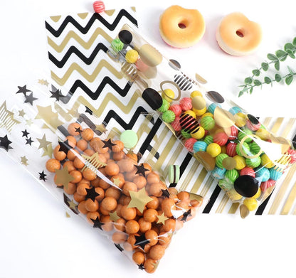 100 Pcs Star Printed 5"X 7" Gift Wrap Cello Cellophane Treat Bags Party Favor bags Clear Candy Cookie Bag Plastic Poly Goodie Storage Bag with Twist Ties for Bakery,Birthday, Wedding ,Party Decorations (Gold)