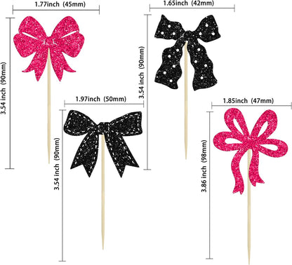 Ephlyn 24Pcs Pink Bow Cupcake Toppers Bow Birthday Cake Topper Girls Birthday Party Decorations Bowknot Cupcake Decorations for Bridal Wedding Themed Party Multi