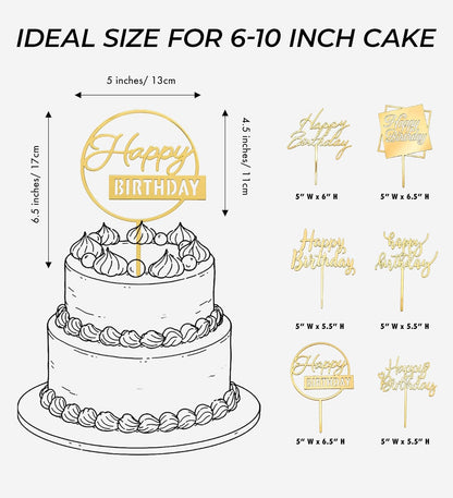 6 Pcs Black Happy Birthday Cake Toppers Set, Acrylic Cake Decoration for Birthday Party