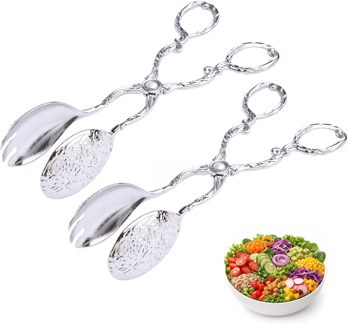 2 Pack Silver Serving Tongs, 8.5 Inch Vintage Metal Salad Buffet Tongs Scissor Food Tongs for Bread, Fruits, Home Kitchen Carting Tea Party