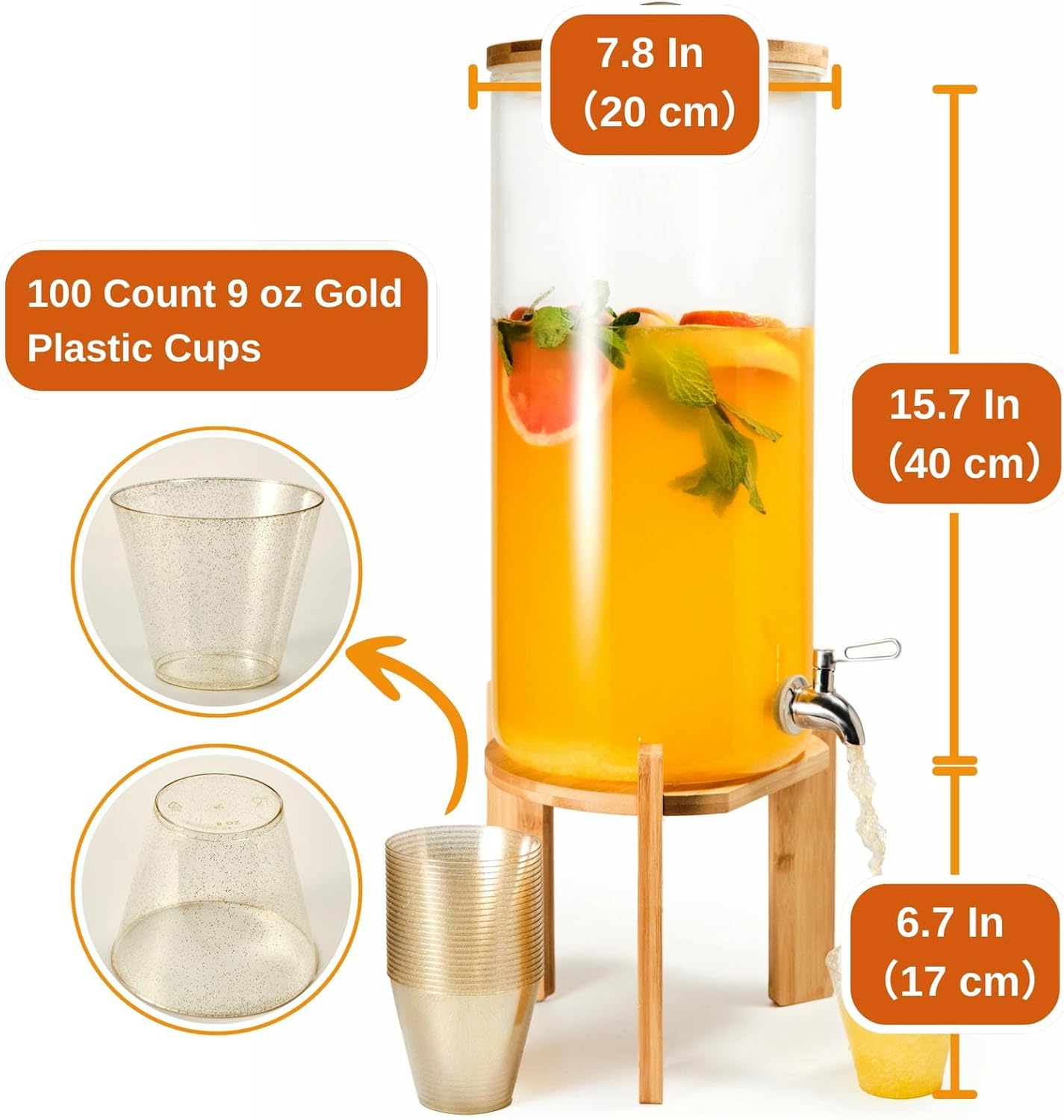 Glass Beverage Dispenser with Bamboo Stand 6.7 In and Lid, Iced 2.9 Gallon Drink Server with Spigot, Large Thick Glass Drink Dispenser for Parties, Hotels, Restaurants, Homes