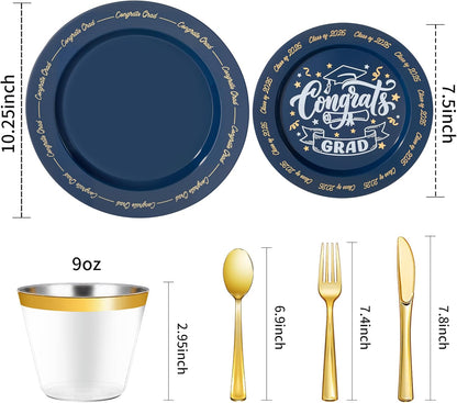 Goodluck 350 Piece Silver Plastic Dinnerware Set for 50 Guests, Fancy Disposable Plates for Party, Include: 50 Dinner Plates, 50 Dessert Plates, 50 Pre Rolled Napkins with Silver Silverware, 50 Cups