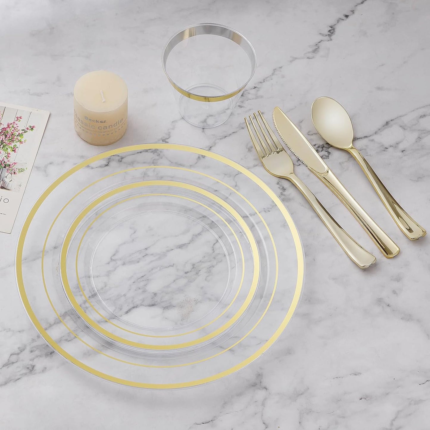 BESTVIP 200PCS Gold Plastic Plate, Disposable Party Plates with 100 Dinner Plates and 100 Dessert Plates, Plastic Plates for Party, Wedding and Birthday