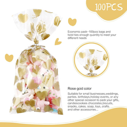 100 Pcs Star Printed 5"X 7" Gift Wrap Cello Cellophane Treat Bags Party Favor bags Clear Candy Cookie Bag Plastic Poly Goodie Storage Bag with Twist Ties for Bakery,Birthday, Wedding ,Party Decorations (Gold)