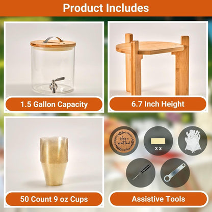 Glass Beverage Dispenser with Bamboo Stand 6.7 In and Lid, Iced 2.9 Gallon Drink Server with Spigot, Large Thick Glass Drink Dispenser for Parties, Hotels, Restaurants, Homes
