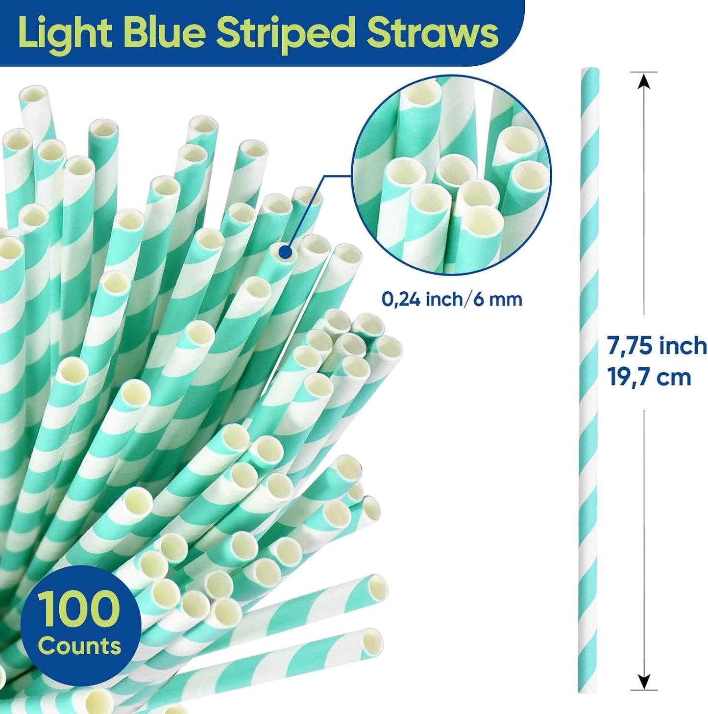 Disposable Paper Straws Solid Green - 7.75'' x 0.24'', 100 Counts - for Drinking, Beverage, Juice, Soda, Bar Supplies