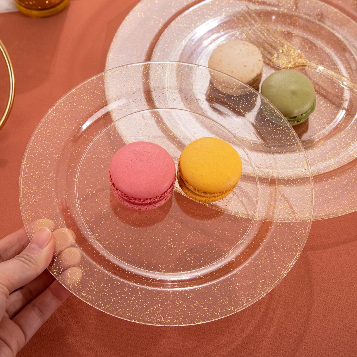 I00000 102 Pieces Gold Plastic Plates, Disposable Party Plates White Gold Rim, 51 Disposable Gold Dinner Plates 10.25 Inch and 51 Disposable Dessert Appetizer Elegant Fancy Wedding Plates 7.5 Inch