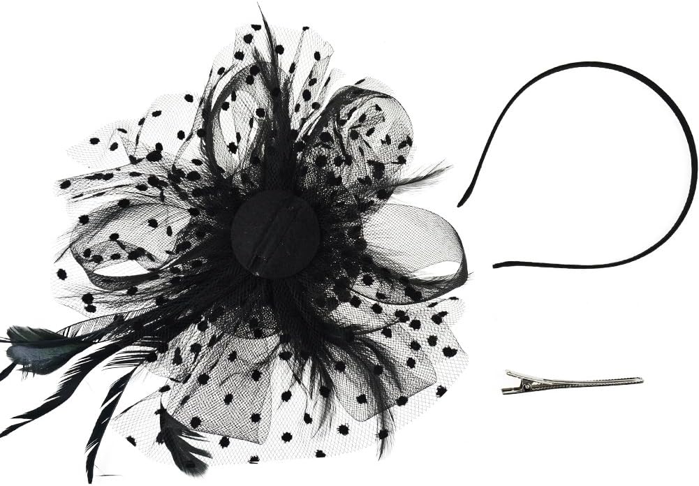 DRESHOW Fascinators Hat Flower Mesh Ribbons Feathers on a Headband and a Clip Tea Party Headwear for Girls and Women - Colors A