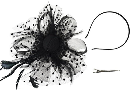 DRESHOW Fascinators Hat Flower Mesh Ribbons Feathers on a Headband and a Clip Tea Party Headwear for Girls and Women - Colors A
