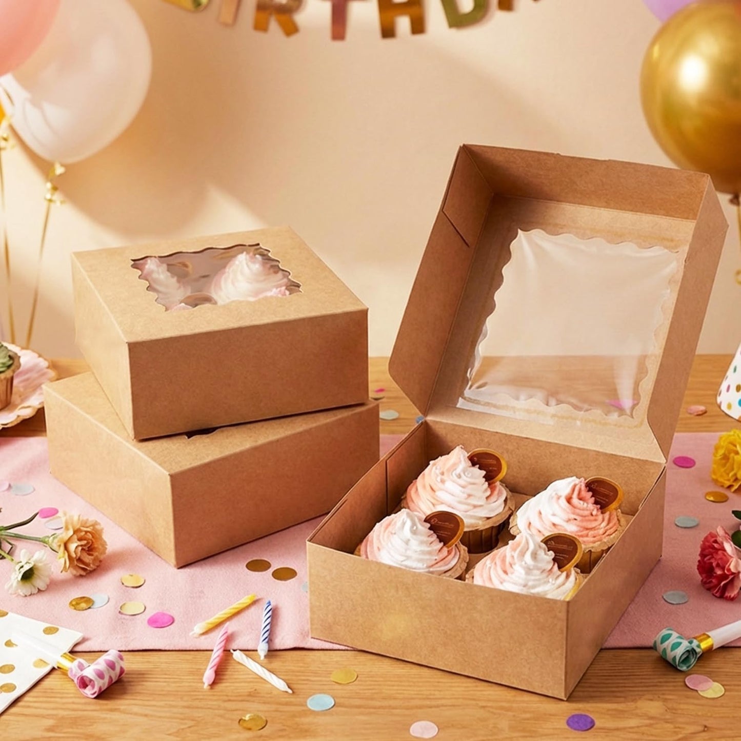 qiqee Auto-pop Up Cupcake Boxes with Window White 40PCS 12 Count Cupcake Box 13"x10"x3.5" Cupcakes Carrier, 12 Cupcake Containers with 2 rolls of pink ribbons