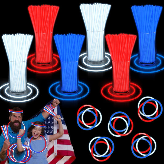 100 PCS 4th of July Glow Sticks Bulk with Connectors, Patriotic Red White Blue Glow in The Dark Stick, Light Up Bracelets Nacklaces for Kids Adults, 250th Anniversary USA Party Favor LED Accessories