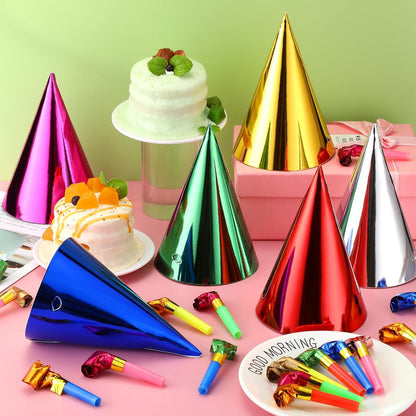 WinnerWhy 300 Pcs Birthday Party Cone Hats and Colorful Noisemakers Blowers Set Metallic Foil Paper Cone Hats Noisemakers Blow Whistle for Adults Birthday Party Supplies