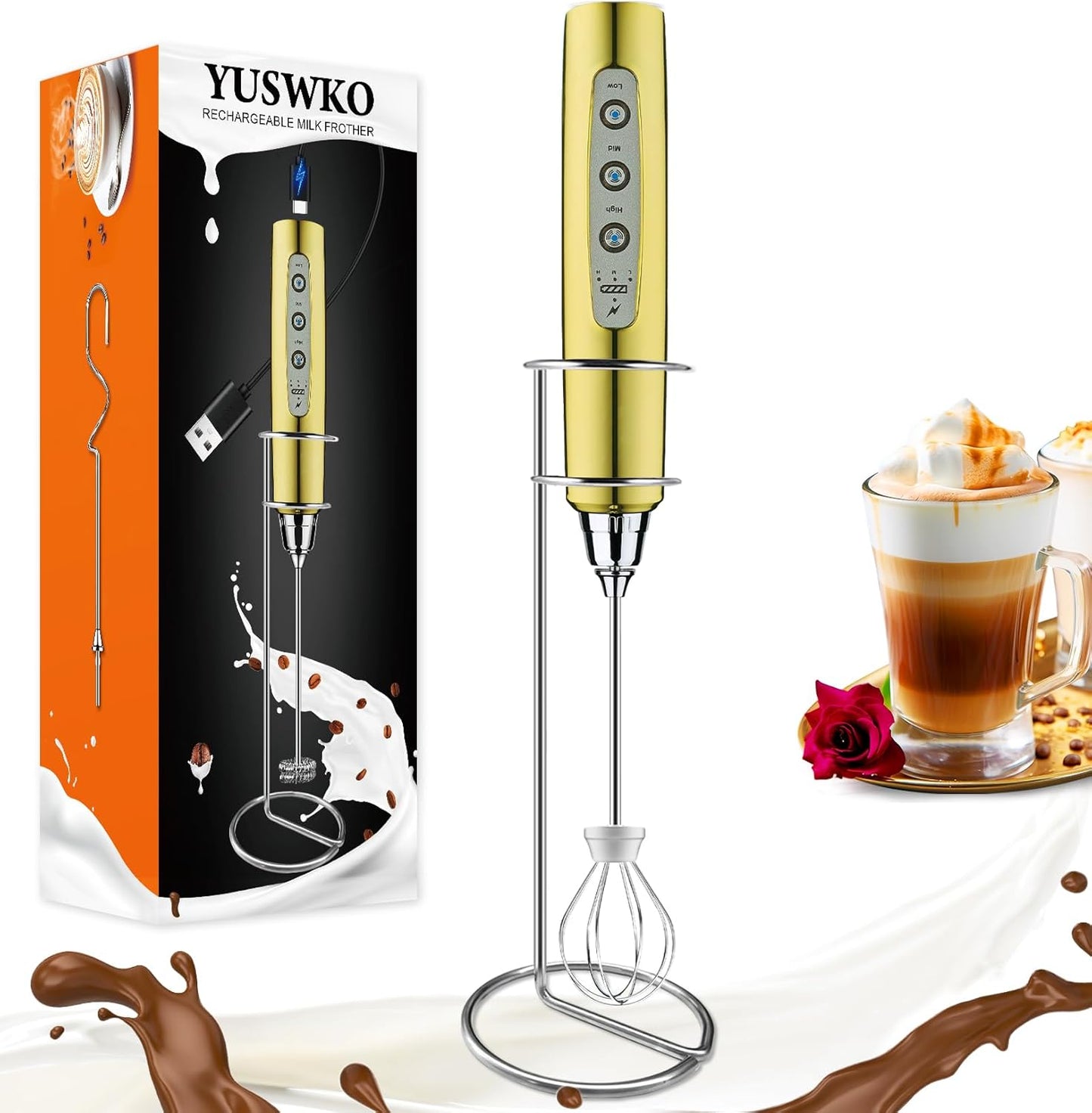 YUSWKO Black Handheld Milk Frother Wand for Coffee, Rechargeable Electric Whisk with 3 Heads 3 Speeds Drink Mixer Coffee Frother For Latte, Cappuccino, Hot Chocolate, Egg