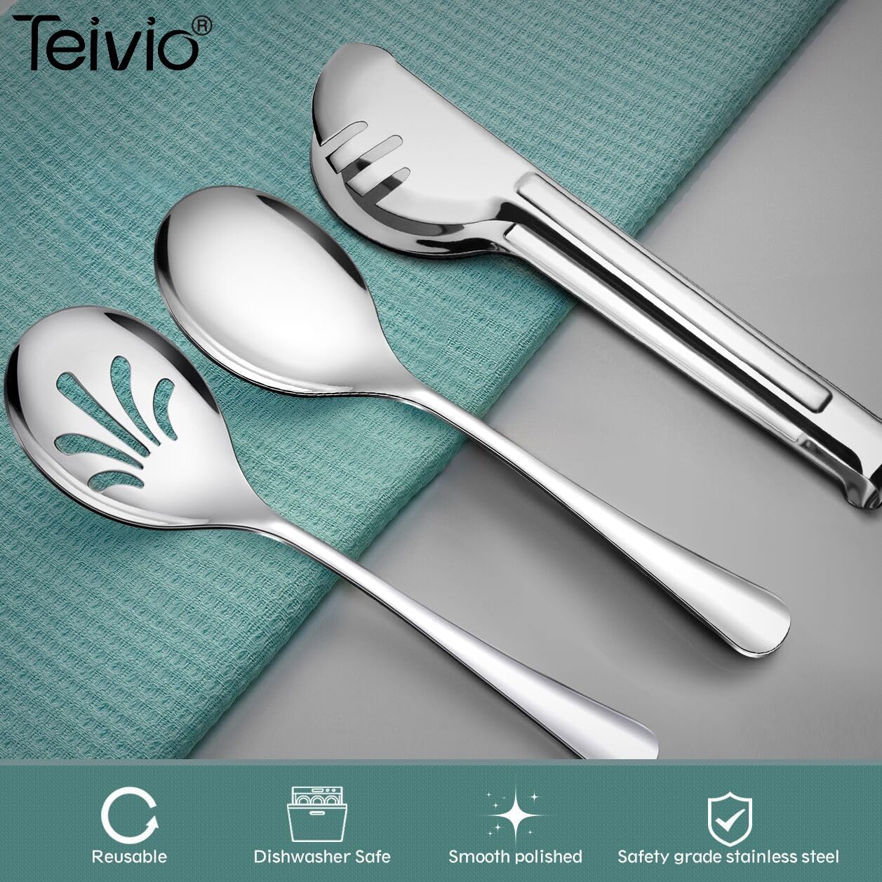 Teivio Stainless Steel Metal Serving Utensils - Large Set of 9-10" Spoons, 10" Slotted Spoons, and 9" Tongs (Silver)