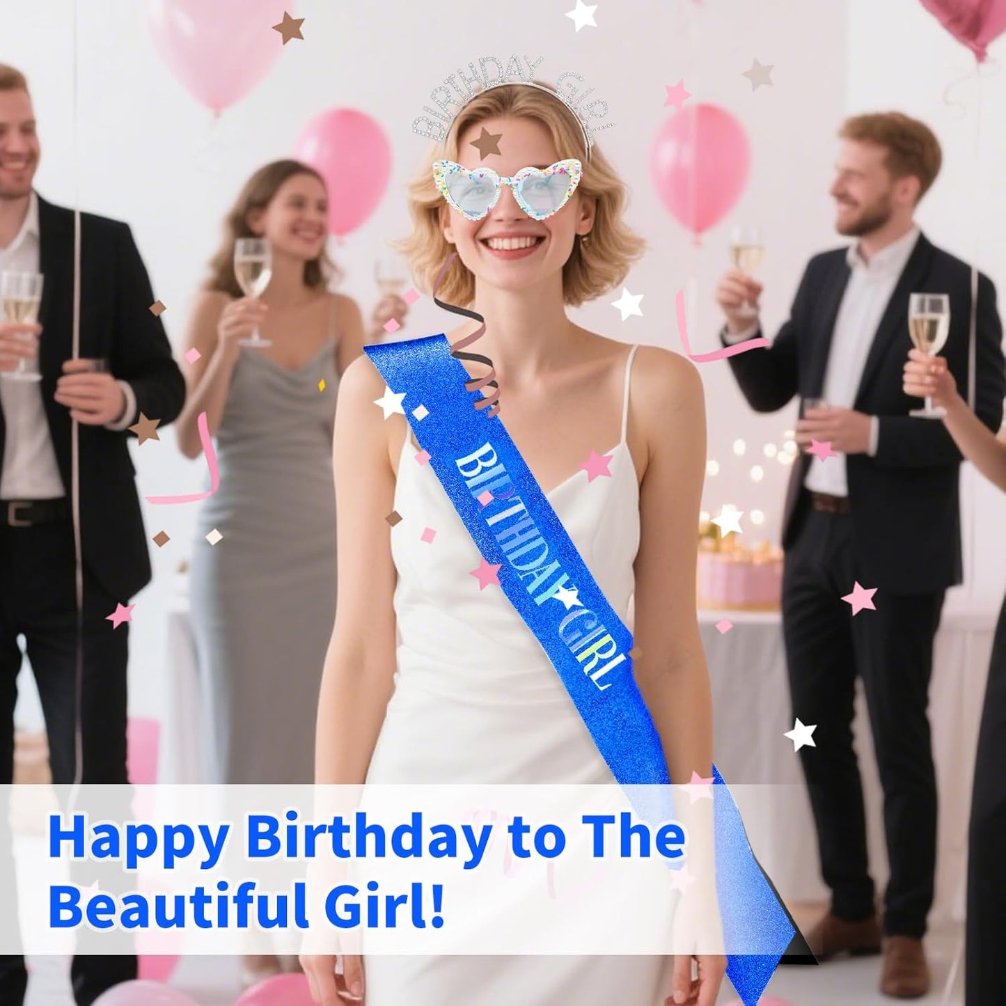 3Pcs Birthday Girl Sash Headband Set-Birthday Sash Tiara and Crown Sunglasses for Girls Women