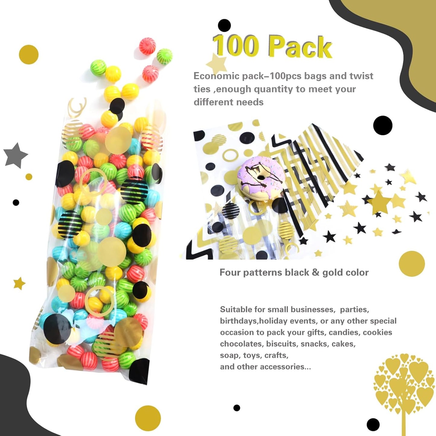 100 Pcs Star Printed 5"X 7" Gift Wrap Cello Cellophane Treat Bags Party Favor bags Clear Candy Cookie Bag Plastic Poly Goodie Storage Bag with Twist Ties for Bakery,Birthday, Wedding ,Party Decorations (Gold)