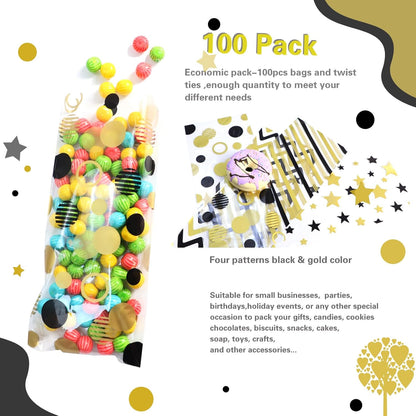 100 Pcs Star Printed 5"X 7" Gift Wrap Cello Cellophane Treat Bags Party Favor bags Clear Candy Cookie Bag Plastic Poly Goodie Storage Bag with Twist Ties for Bakery,Birthday, Wedding ,Party Decorations (Gold)