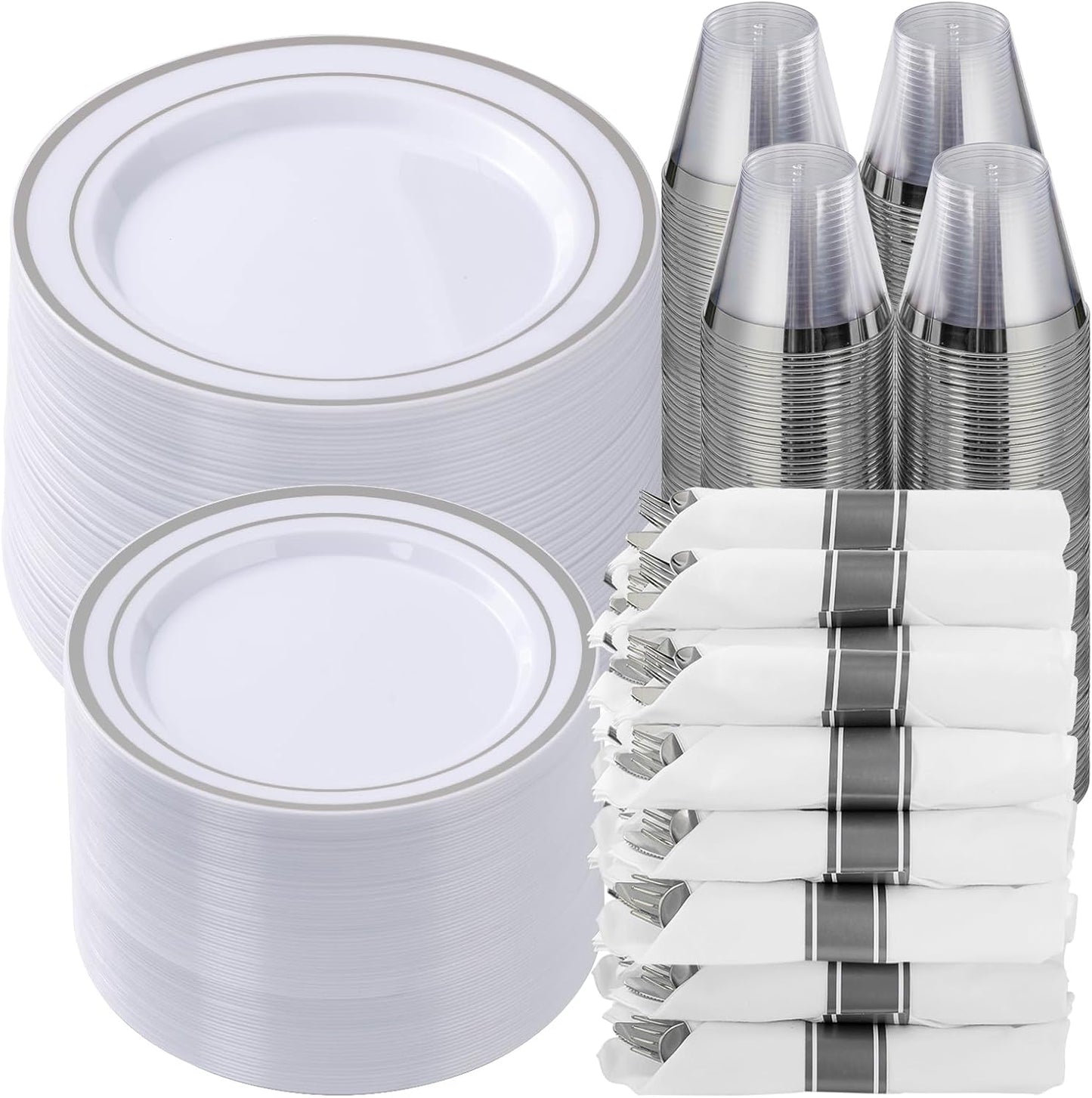 Goodluck 350 Piece Silver Plastic Dinnerware Set for 50 Guests, Fancy Disposable Plates for Party, Include: 50 Dinner Plates, 50 Dessert Plates, 50 Pre Rolled Napkins with Silver Silverware, 50 Cups