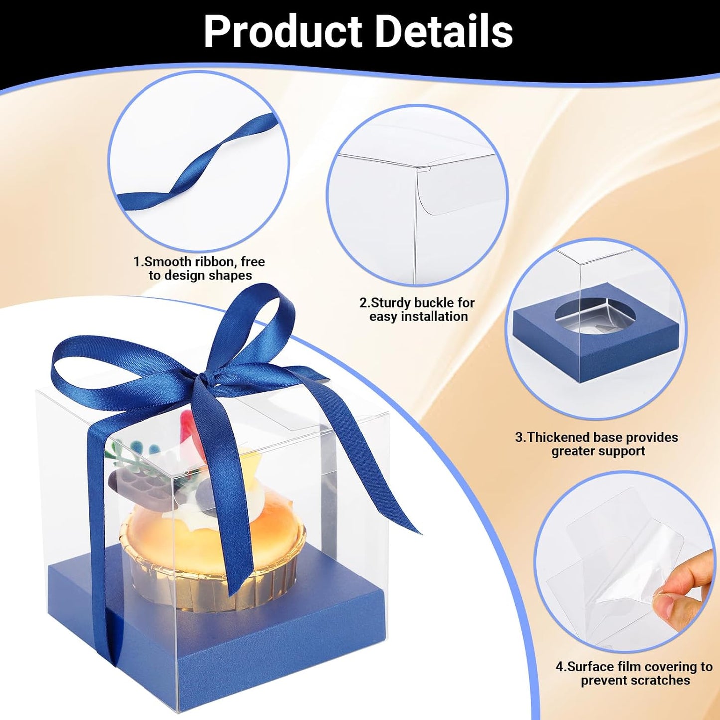EUSOAR Individual Cupcake Holder, 50pcs 3.5 Inch Plastic Black Cupcake Containers with Lids, Single Transparent Display Clear Cupcake Carrier with Ribbon and Inserts for Wedding Party Favor