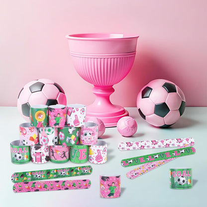 Serencatcher 48PCS Soccer Slap Bracelets Bulk, Soccer Party Favors Pink Soccer Slap Wristbands for Soccer Birthday Party Supplies Gifts Sports Football Themed Party Decorations