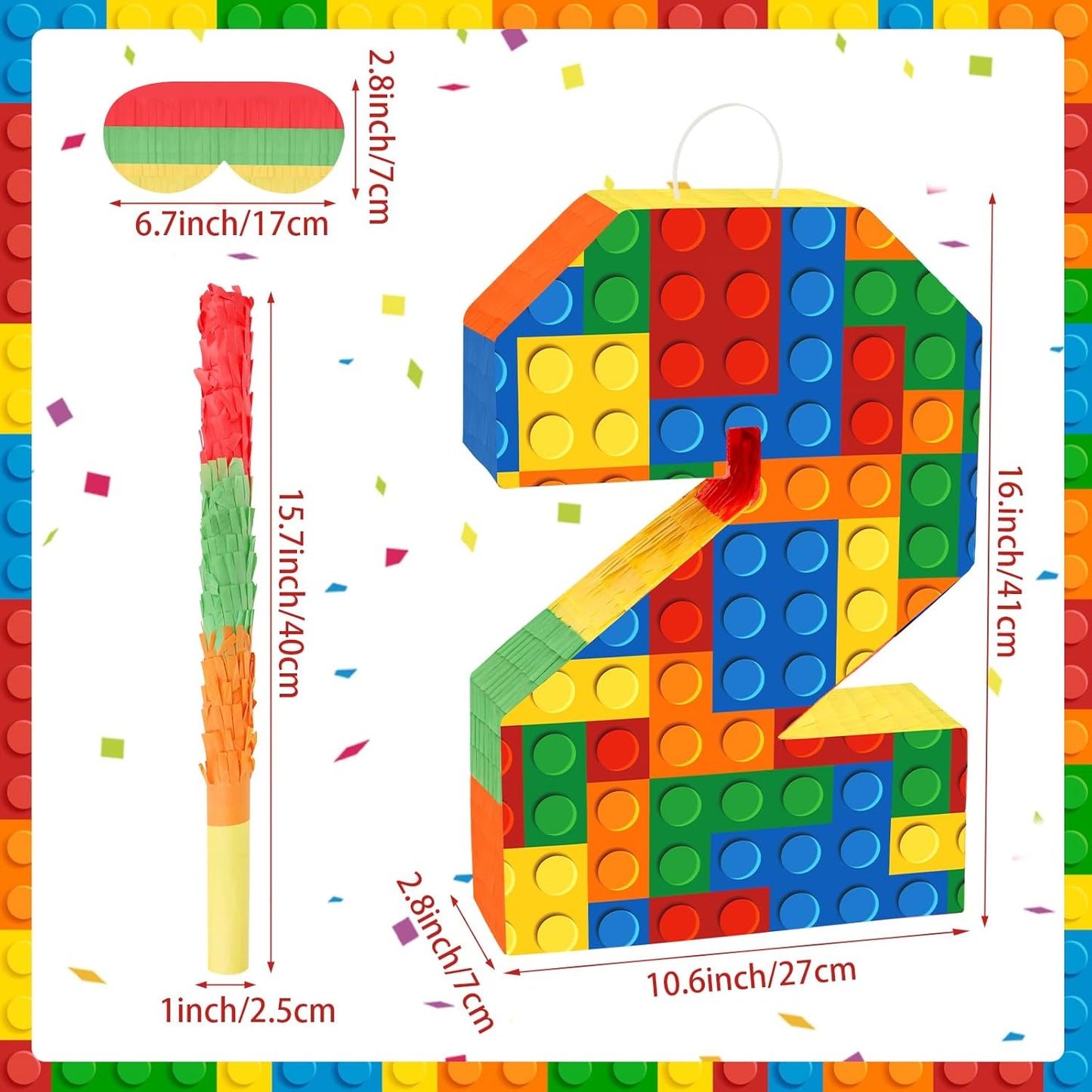 Number 7 Pinata Building Blocks with Pinata Stick Blindfold 7th Birthday Party Decorations Happy Birthday Building Block Theme Anniversary Party Supplies for Kids (Small, 16 x 10.6 x 3 in)
