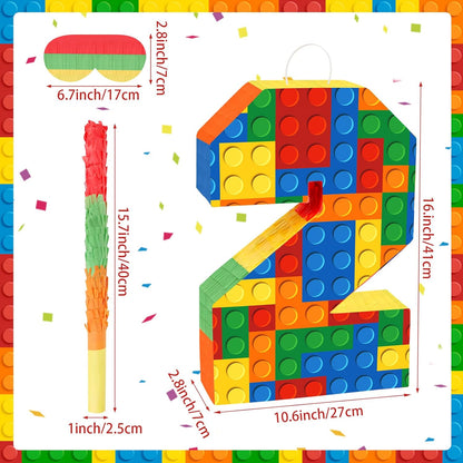 Number 7 Pinata Building Blocks with Pinata Stick Blindfold 7th Birthday Party Decorations Happy Birthday Building Block Theme Anniversary Party Supplies for Kids (Small, 16 x 10.6 x 3 in)