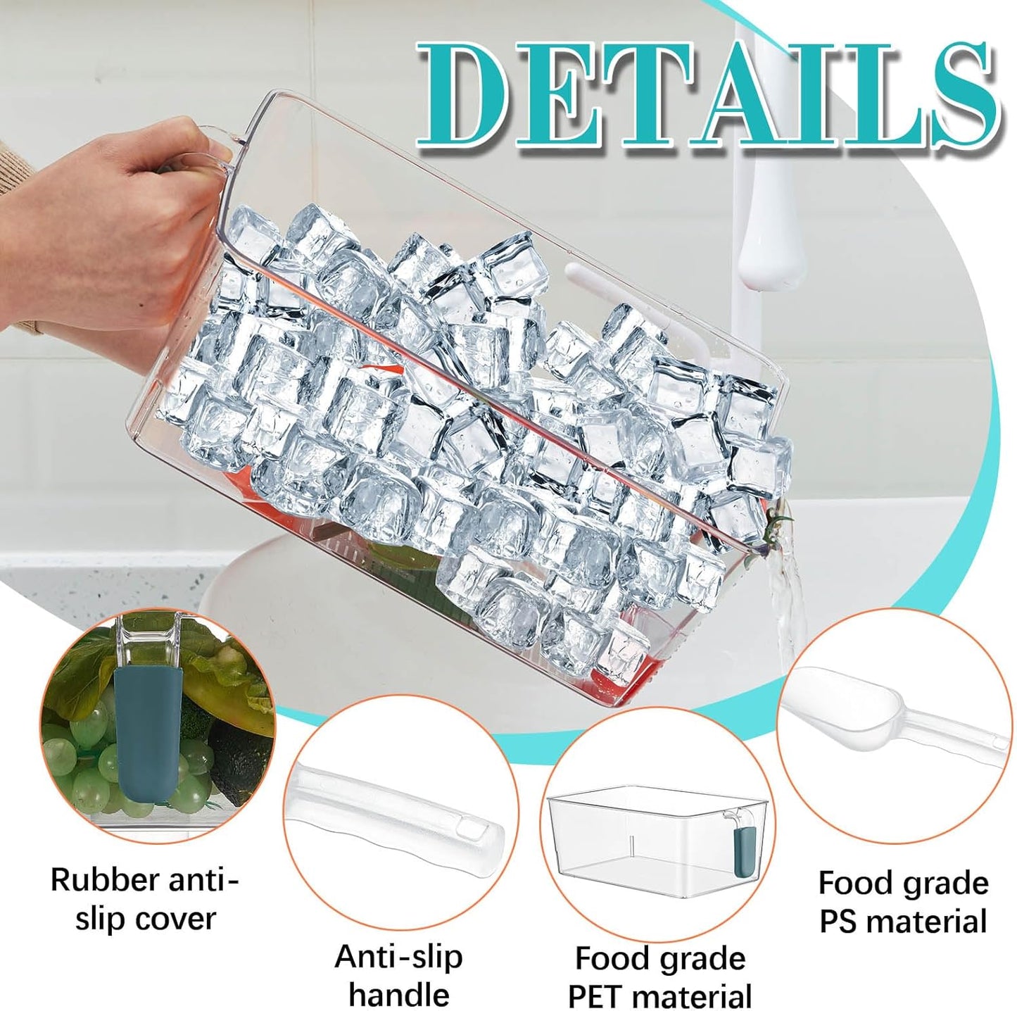 Havawish Ice Storage Bin and Flexible Scoop Set Plastic Freezer Bin with Pull Out Handle Storage Bucket Clear for Container with Scoop(Grey,10.83 x 4.92 x 4.33 in,Classic)