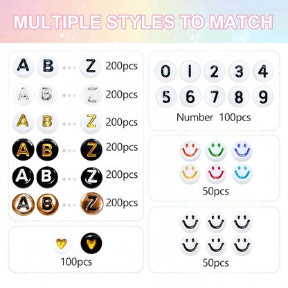 Amaney 1400pcs Glow Letter Beads, Heart Beads Whit Elastic Beading Cord,4x7mm Round Acrylic Alphabet Beads for Friend Bracelet Jewelry Making