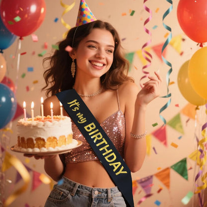 Luwigs It's My Birthday Sash Black Satin with Gold Foil Letter Happy Birthday Sash for Men and Women Party Favors Supplies and Decorations for Sweet 16th 18th 21th 30th 40th or Any Bday Party (Black)