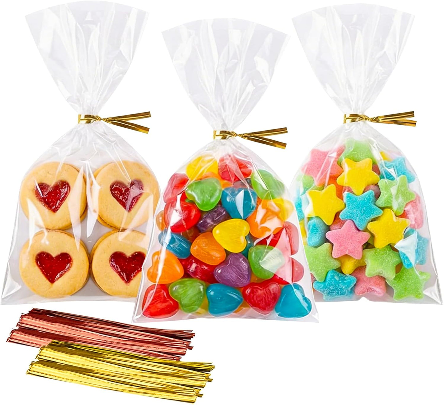 Cello Cellophane Treat Bags,5x7 Inches Clear Cellophane Bags 200 Pcs OPP Plastic Treat Bags with 200 Twist Ties for Gift Wrapping,Packaging Candies,Dessert,Bakery, Cookies, Chocolate,Party Favor