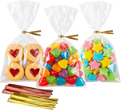 Cello Cellophane Treat Bags,5x7 Inches Clear Cellophane Bags 200 Pcs OPP Plastic Treat Bags with 200 Twist Ties for Gift Wrapping,Packaging Candies,Dessert,Bakery, Cookies, Chocolate,Party Favor