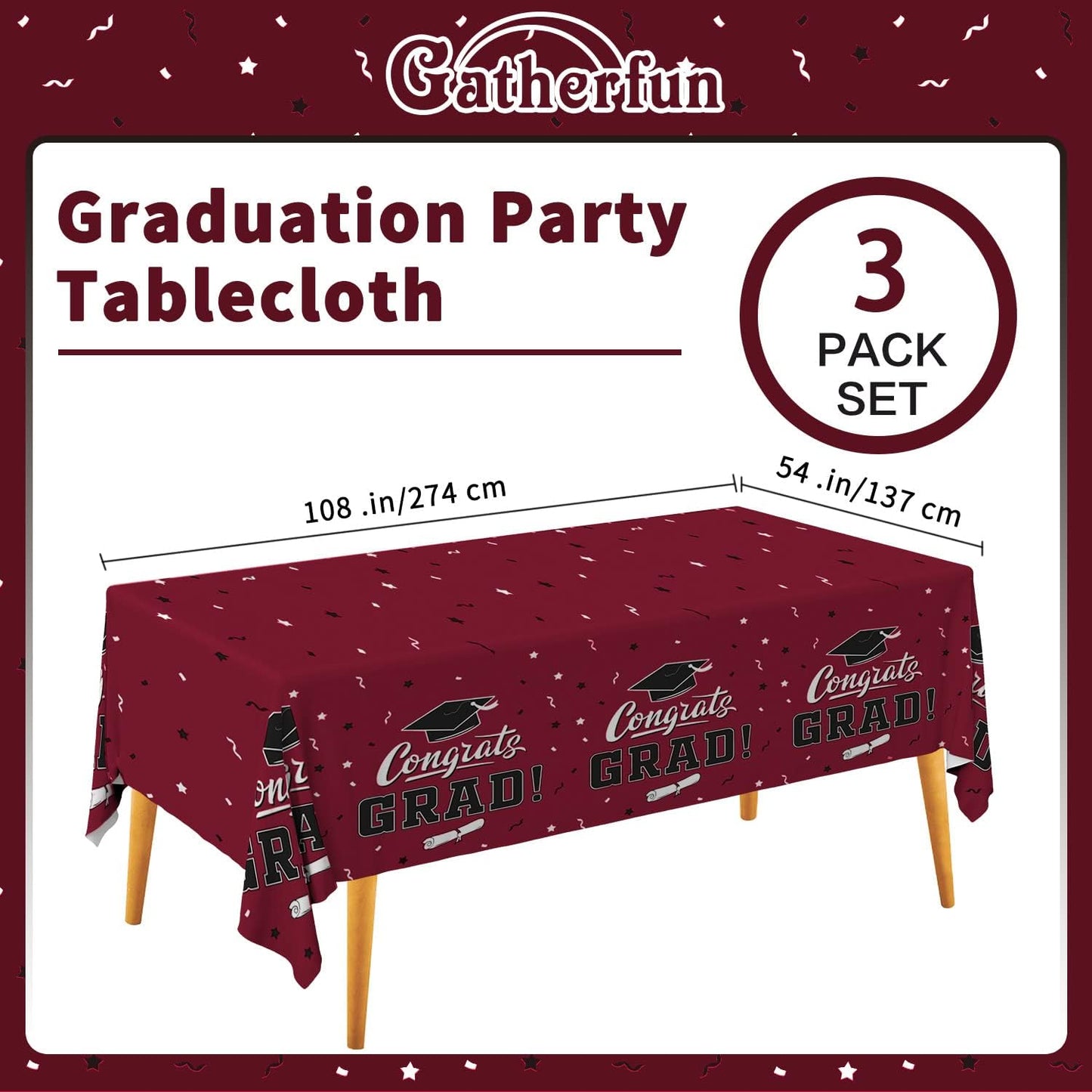 Gatherfun Graduation Party Decorations, Gongrats Grad Tablecover for Graduation Party Supplies, 3 pcs Green Table Cloths, 54"x108"
