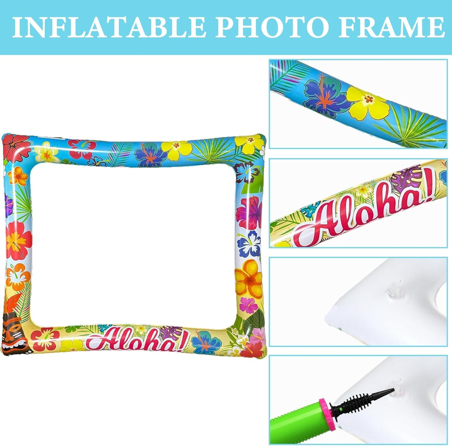 Hawaiian Party Photo Booth Props Kit, 30 PCS Luau Photo Booth Props with Large Inflatable Selfie Picture Frame for Hawaiian Tropical Tiki Summer Pool Party Supplies